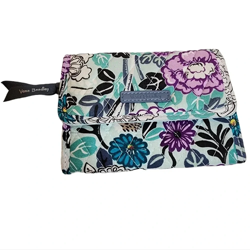 Vera Bradley Penelope's Garden tri-fold‎ wallet. Blue green purple floral.